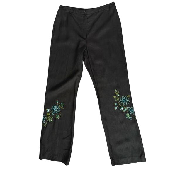 Willi Smith Black Linen Dress Pants Women 8 Teal Green Beads Embroidery *READ - Picture 1 of 14